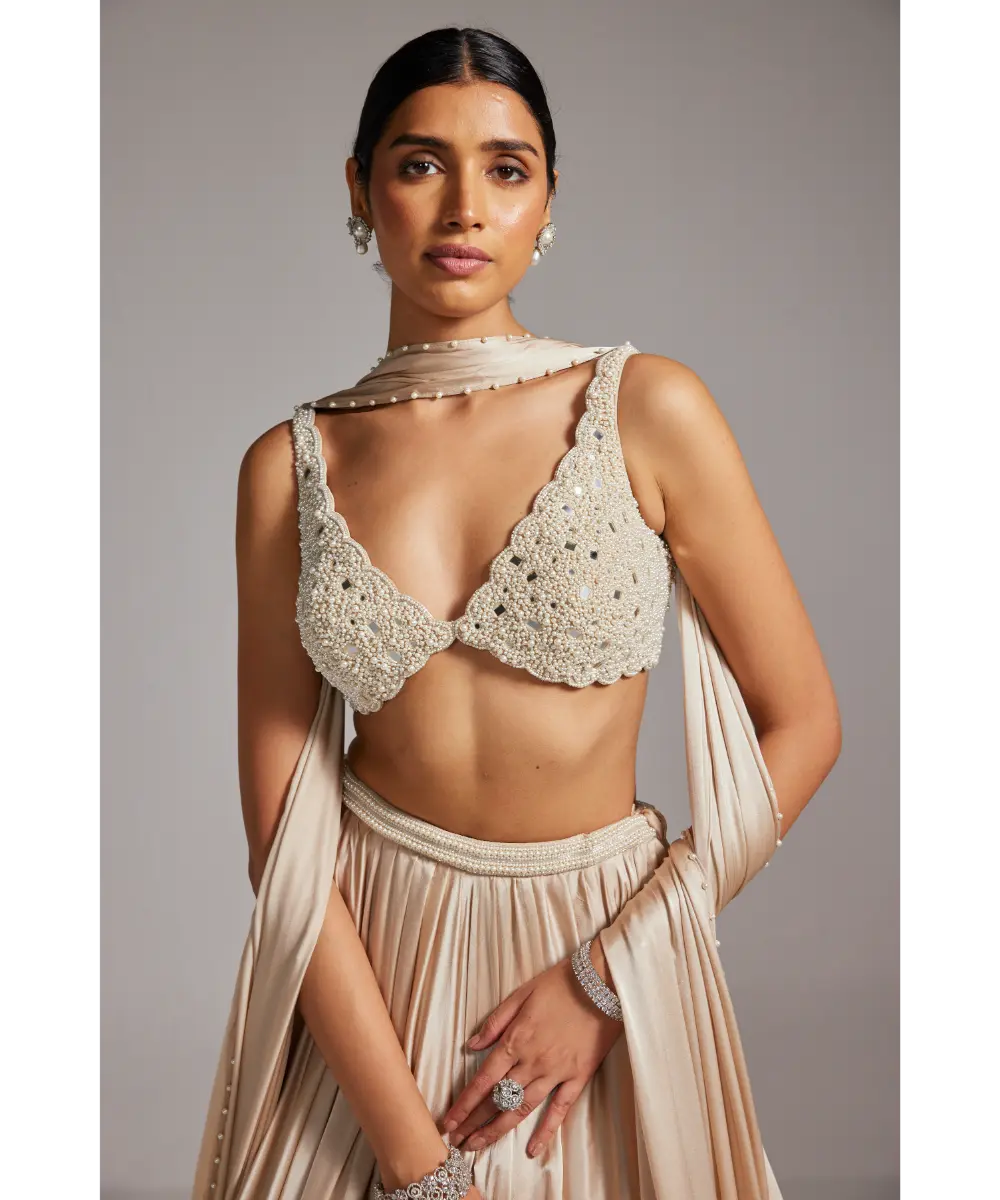 VVANI VATS- Light Beige V Neck Satin skirt Set